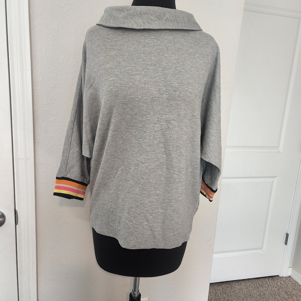 Trina Turk Gray Cowl Neck Top with Striped Cuffs